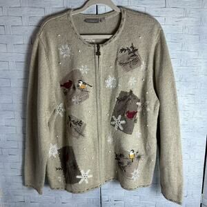Croft & Barrow vintage Tan Embroidered Zip Up Cardigan Sweater birds Christmas